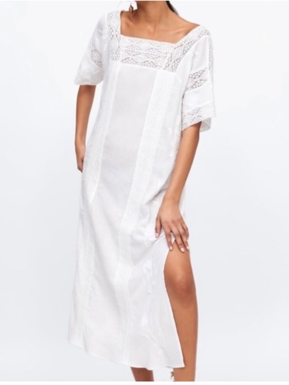 Zara White Lace Trim Boho Midi Dress Size S